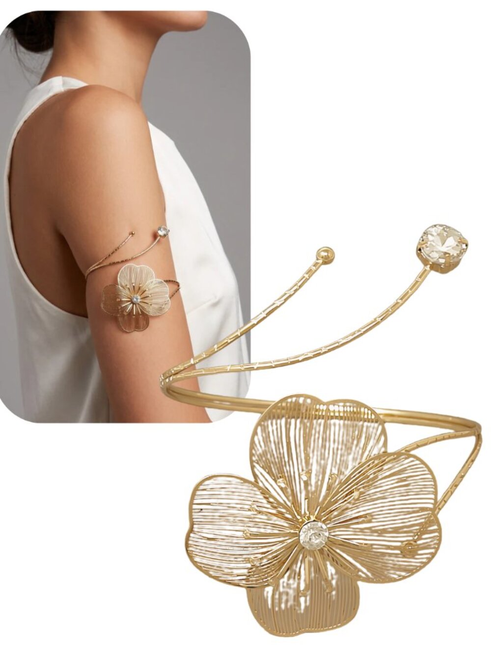 14K Gold Plated Cubic Zirconia Boho Style Arm Cuff Body Jewelry Bracelet Floral